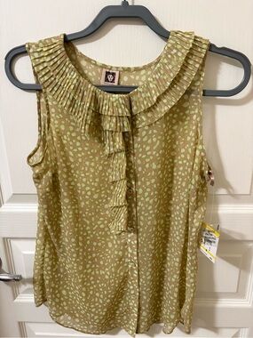 Anne Klein Olive Green Printed Ruffled Sleeveless Top
